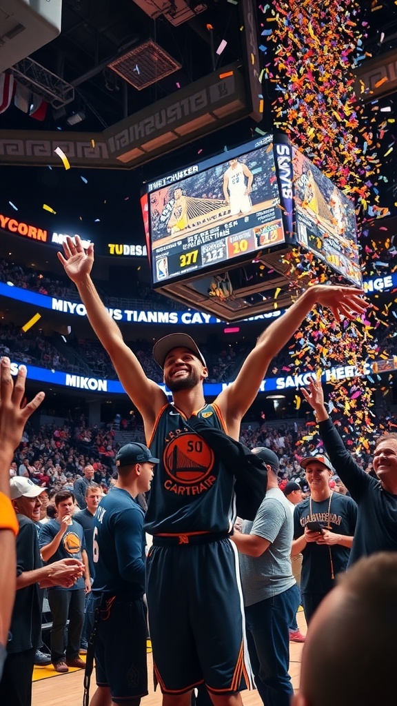 Stephen Curry celebrating breaking the NBA three-point record with teammates and fans.